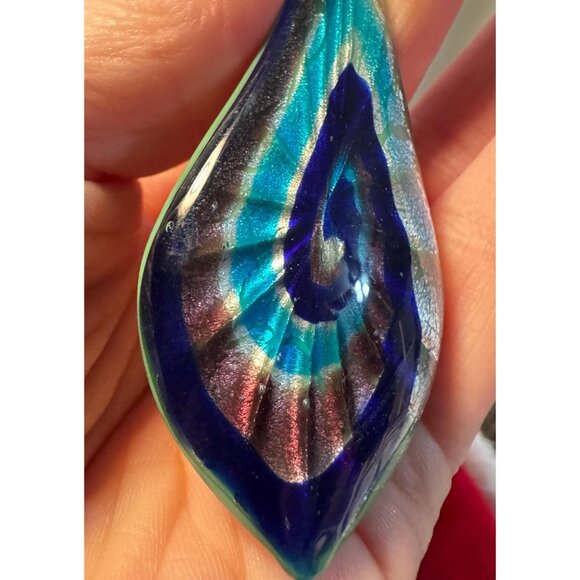 Murano Style Art Glass Pendant Teardrop Swirl | Blue Green Copper Glass Jewelry - Picture 5 of 7